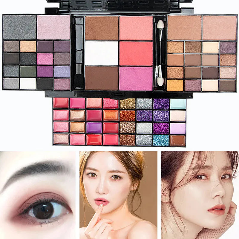 74 colour makeup palette set with four layers showing eyeshadows, lip glosses, and face powders with brushes