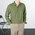 Korean-style loose long-sleeved linen men's shirt in solid colour, wrinkle-free finish, front view