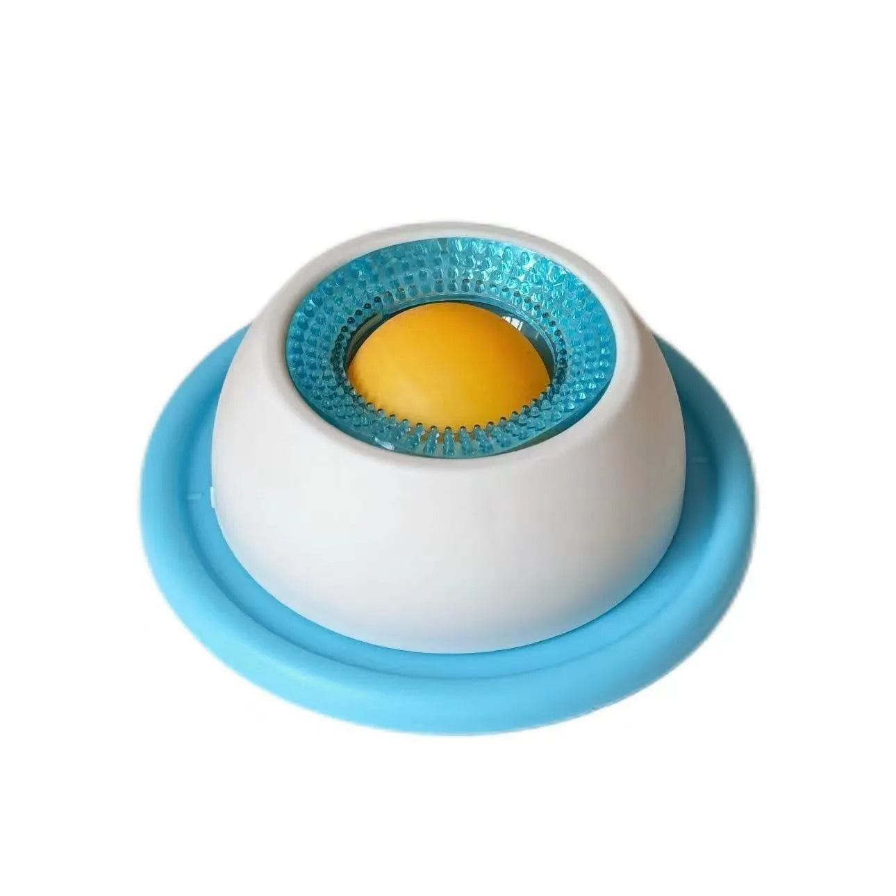 Yellow anti-spill slow feeder cat toy treat dispenser for cats on floor