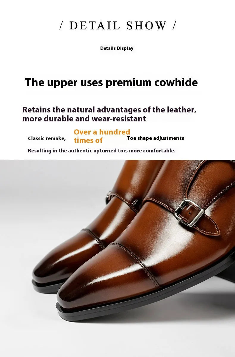 Men's square-toe leather shoes in black and light brown, showing low-top design and rubber sole.