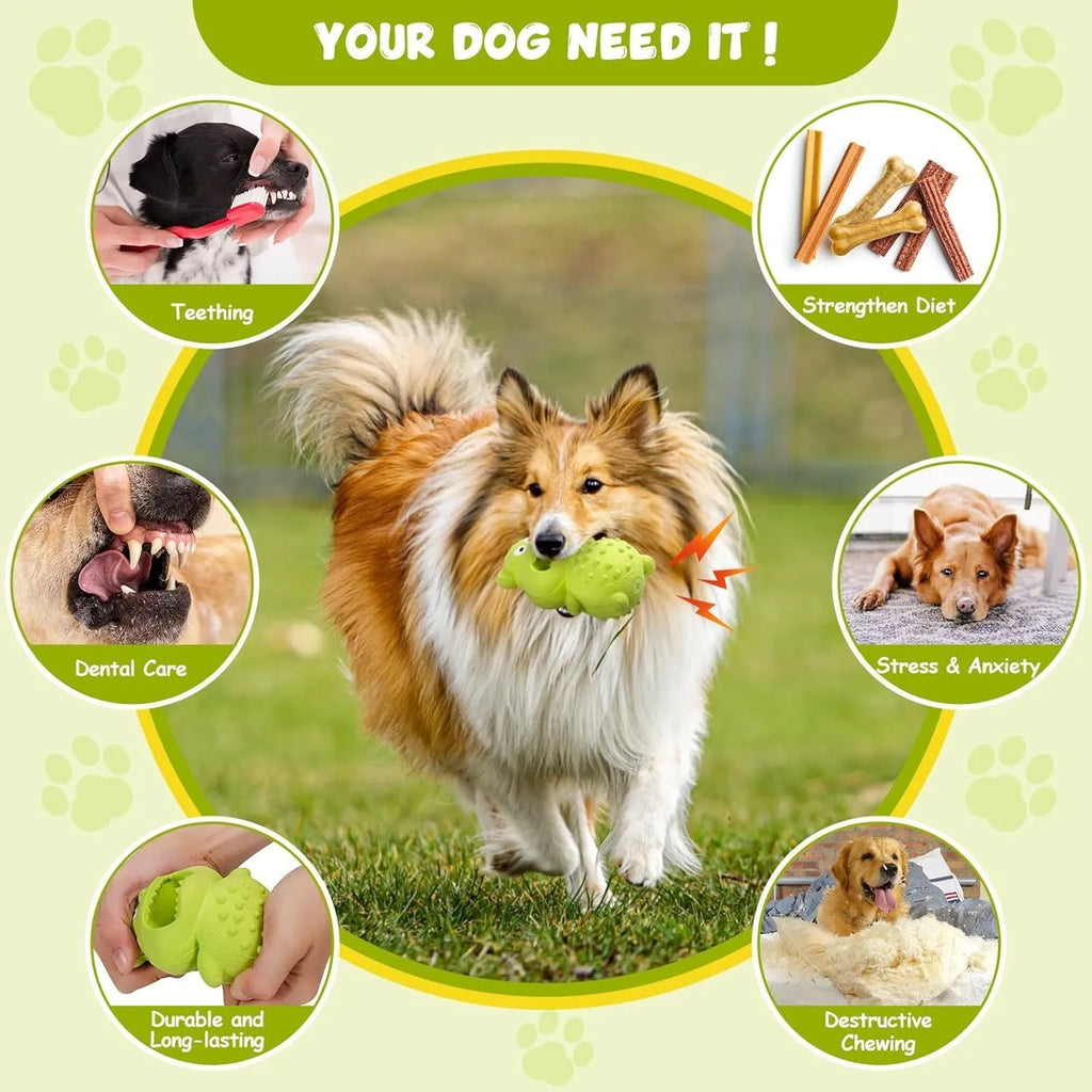 Green and yellow natural rubber squeaky dog toy for aggressive chewers on a white background