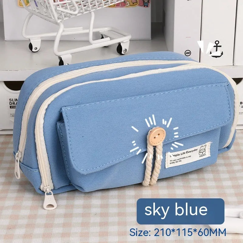 Large capacity Korean style canvas pencil case storing multiple pens in green colour option