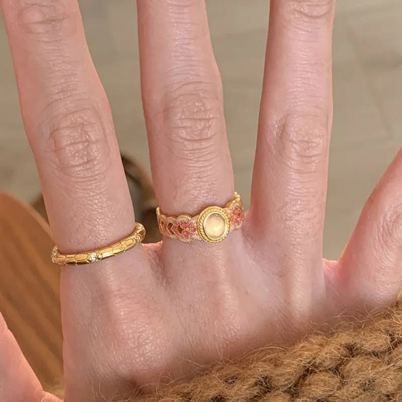 Women's geometric open mouth ring with pink crystal enamel on copper gold plating