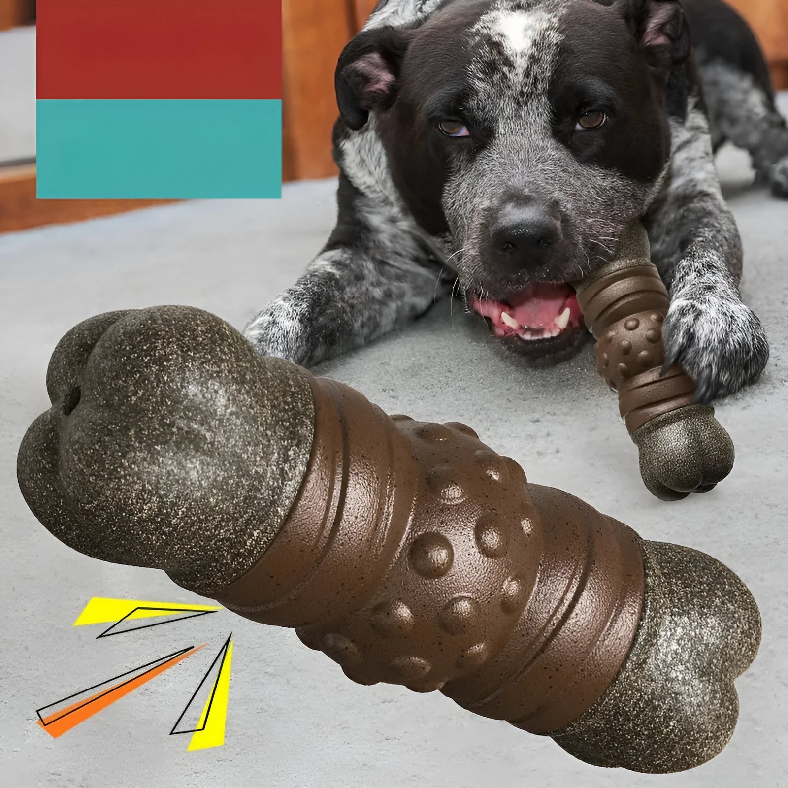 Wood colour plastic dog toothbrush toy with sounding bone design and molar rod texture