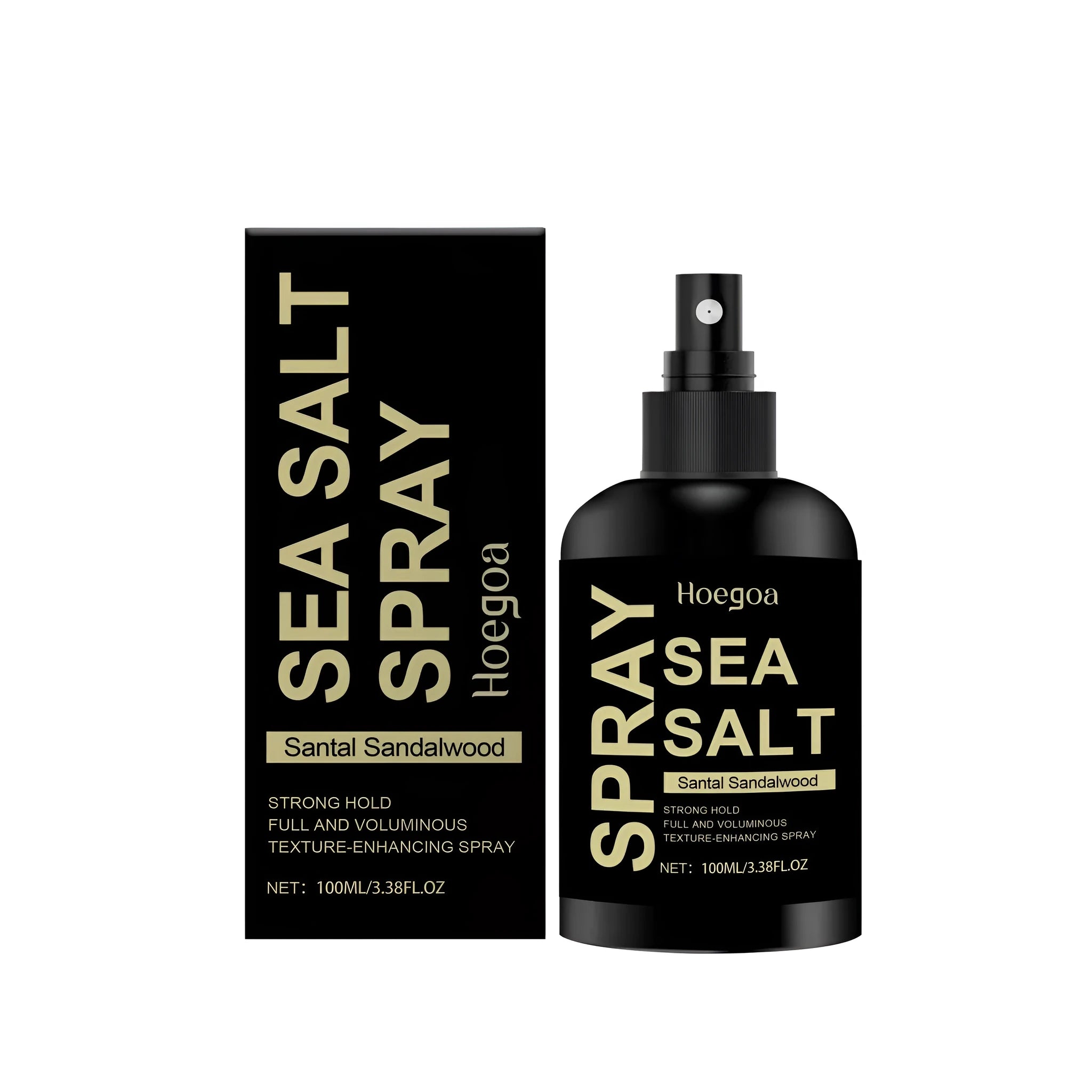 100ml bottle of sea salt and sandalwood hair styling spray with spray top.