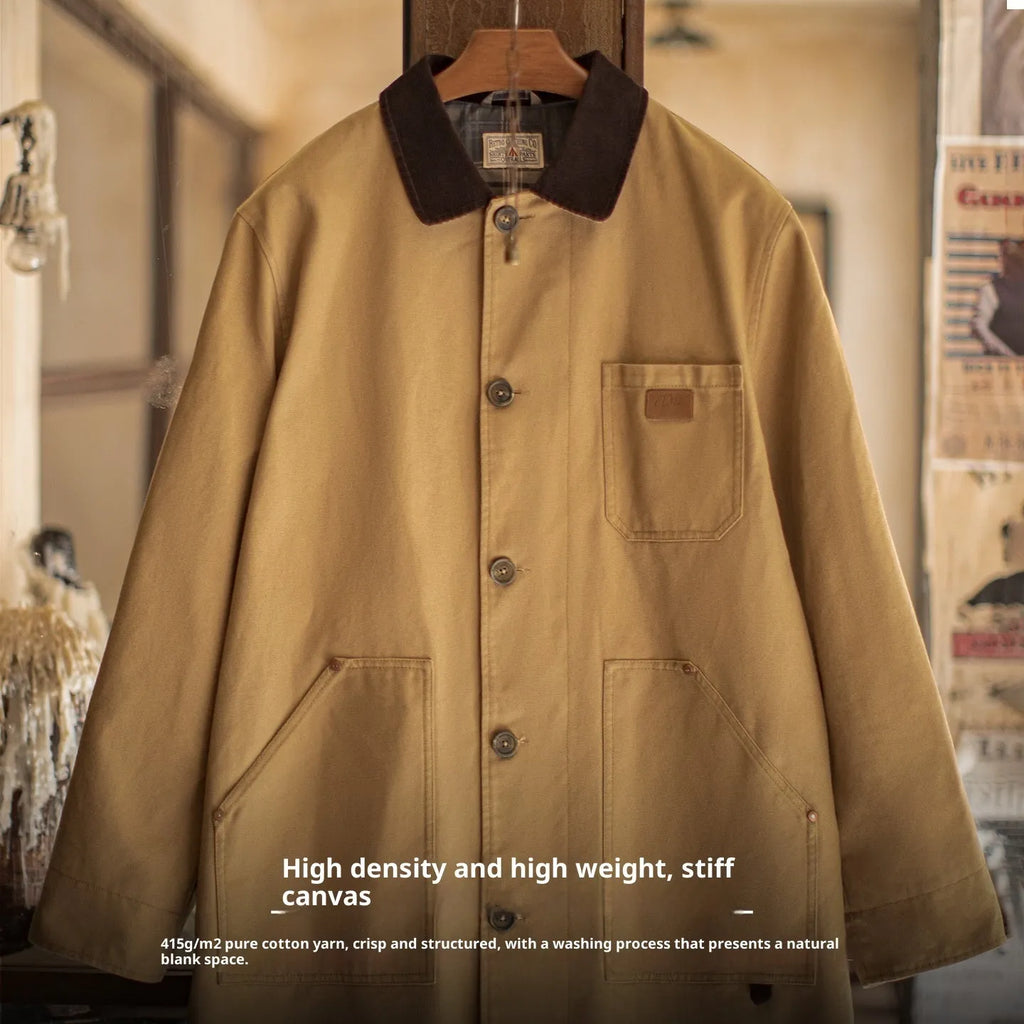 Men's khaki cotton mid-length trench coat with loose fit, single breasted front, solid colour
