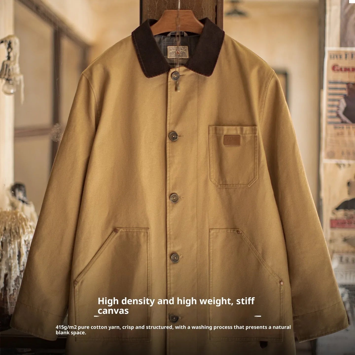 Men's khaki cotton mid-length trench coat with loose fit, single breasted front, solid colour