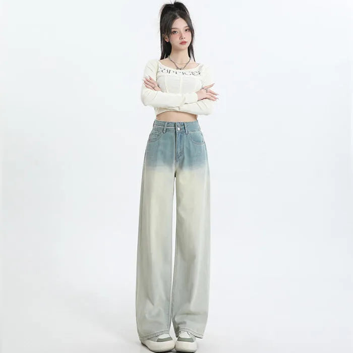 Gradient blue women's straight-leg trousers with wide-leg design and cotton composition