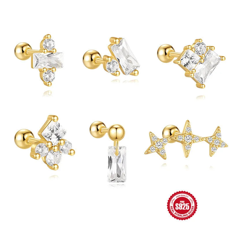 S925 sterling silver red earrings with square gravel studs and golden electroplated finish