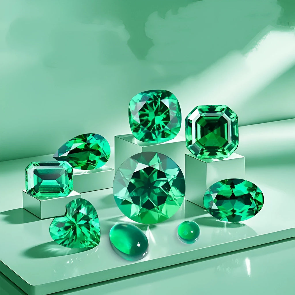 Cultivated emerald gemstone in Columbia green with round and grandmother cut options