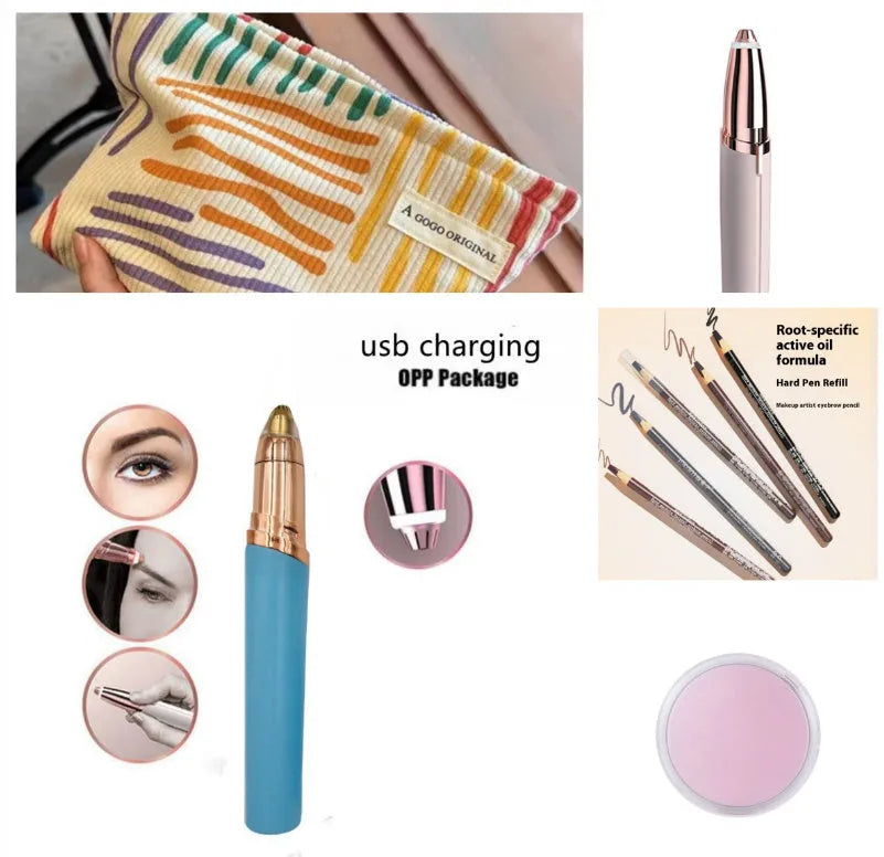 Eyebrow epilator pen with gold plated head and LED light on pink background