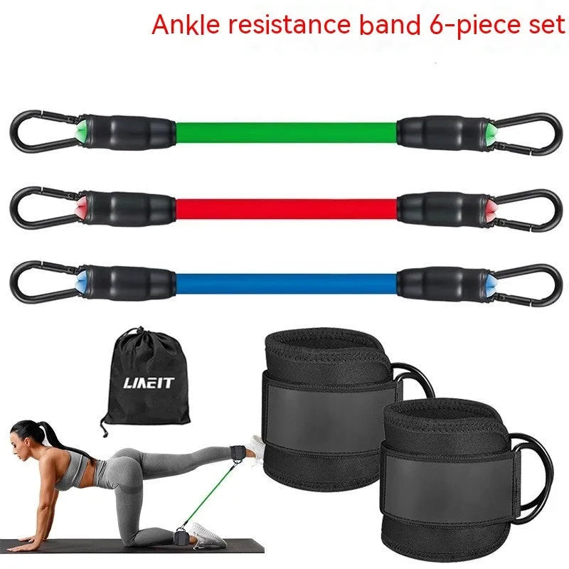 Set of three TPE resistance bands (10lb, 20lb, 30lb) with ankle buckles and foot loops for leg exercises.