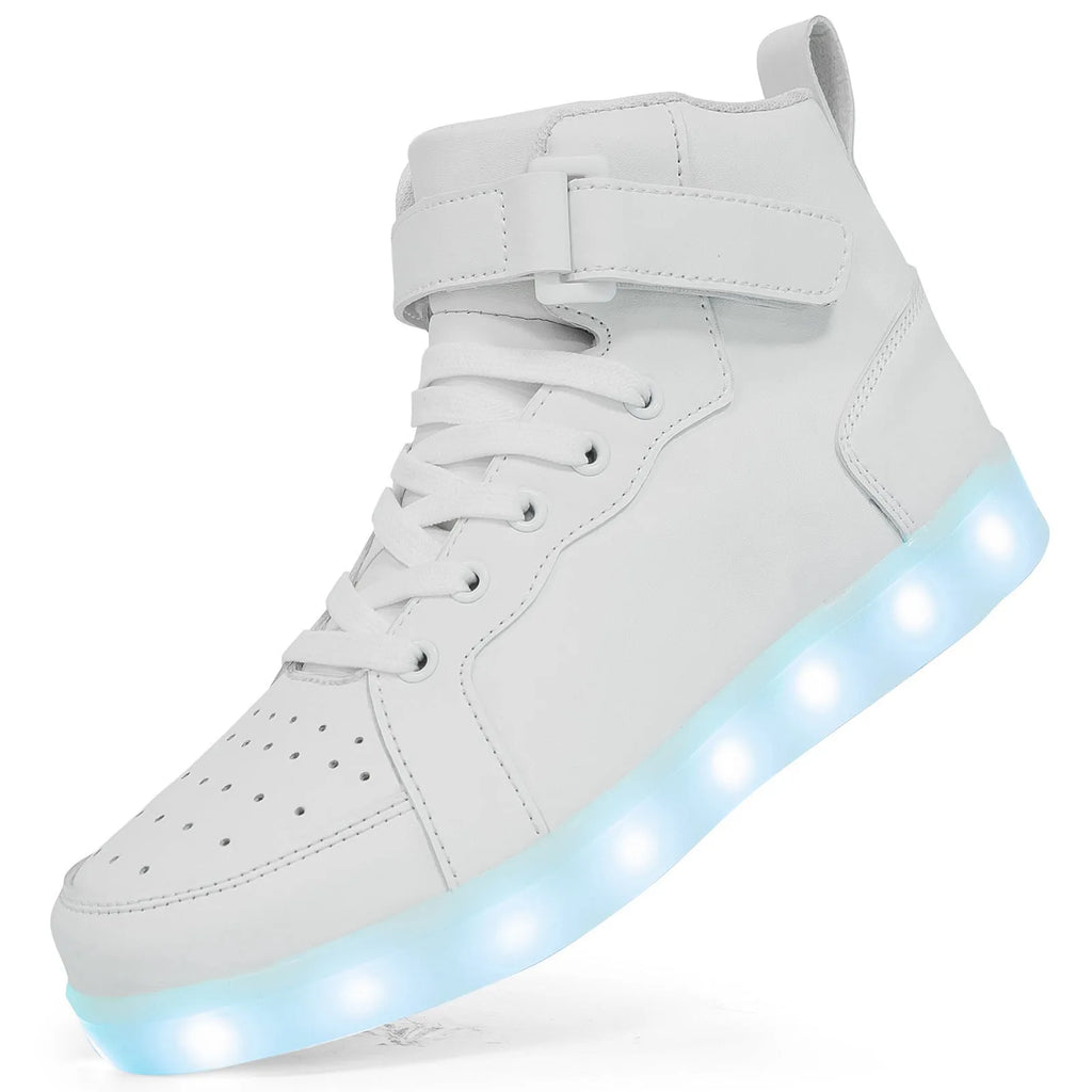 Black high-top LED light-up shoes with Velcro strap and glowing soles
