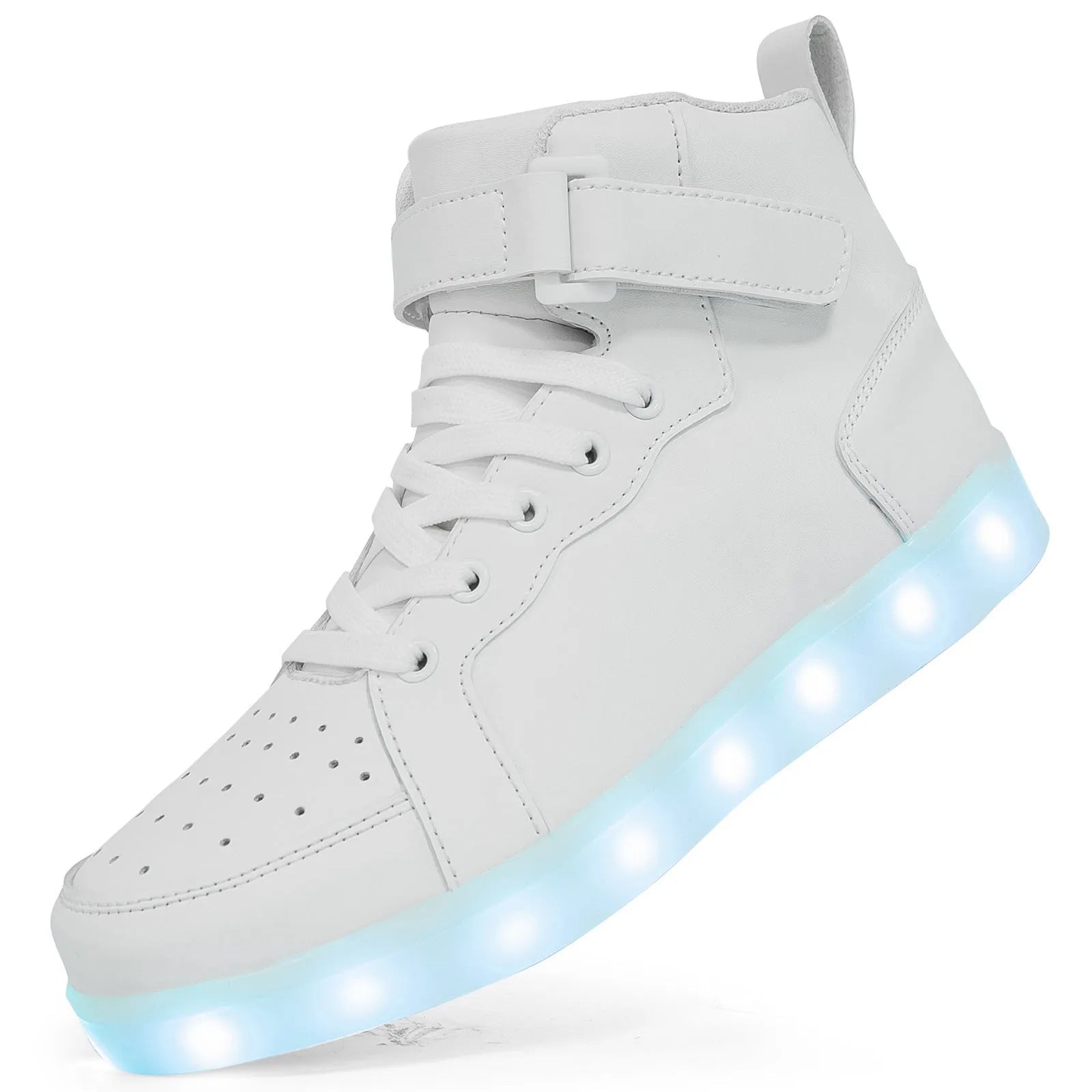 Black high-top LED light-up shoes with Velcro strap and glowing soles