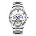 Men's stainless steel mechanical business watch with sapphire crystal glass and transparent case back