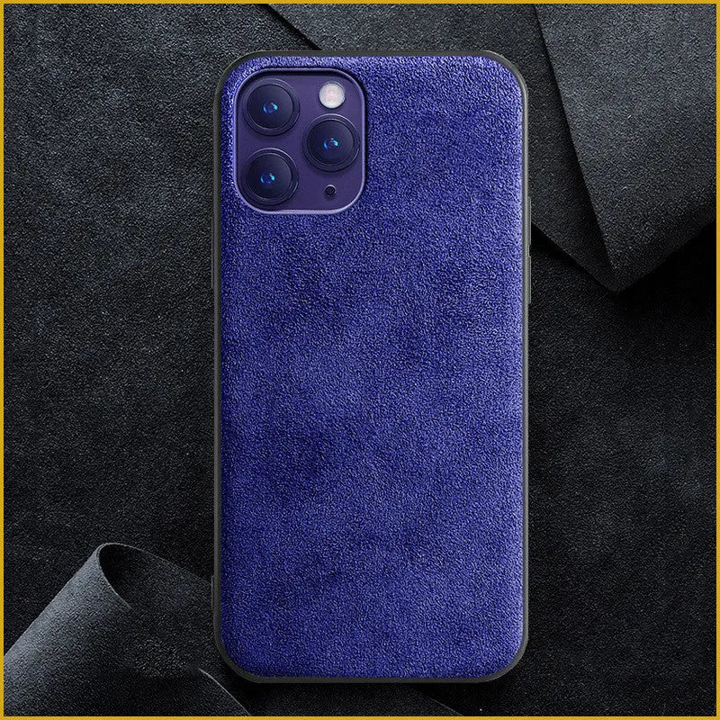 Suede iPhone case showing full-cover design in dark blue colour