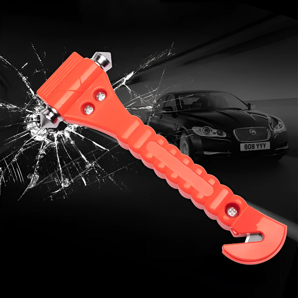 Red ABS carbon steel two-in-one car life hammer with window breaker tip and seatbelt cutter