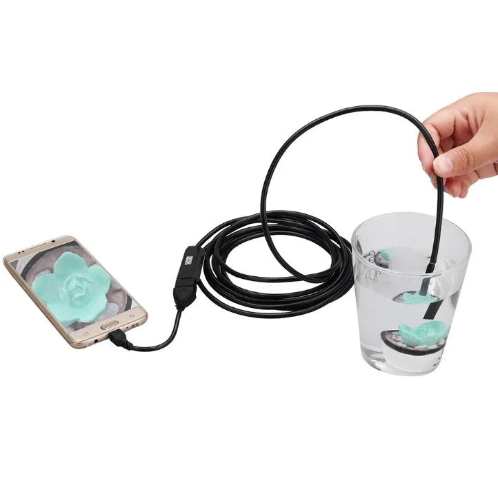 OWSOO USB endoscope camera with flexible cable, magnet, hook, and side mirror next to a smartphone.