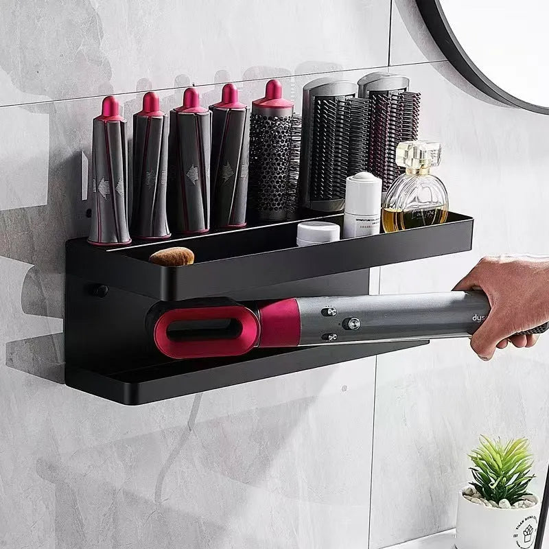 White aluminium double-layer bathroom storage rack holding hair curlers with adhesive wall mounting