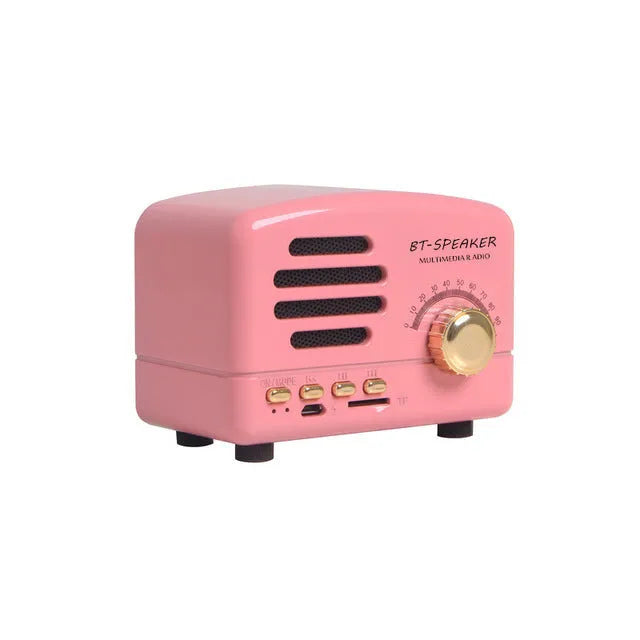 Vintage wood bluetooth speaker in wood grain finish showing compact 93x70x59mm dimensions