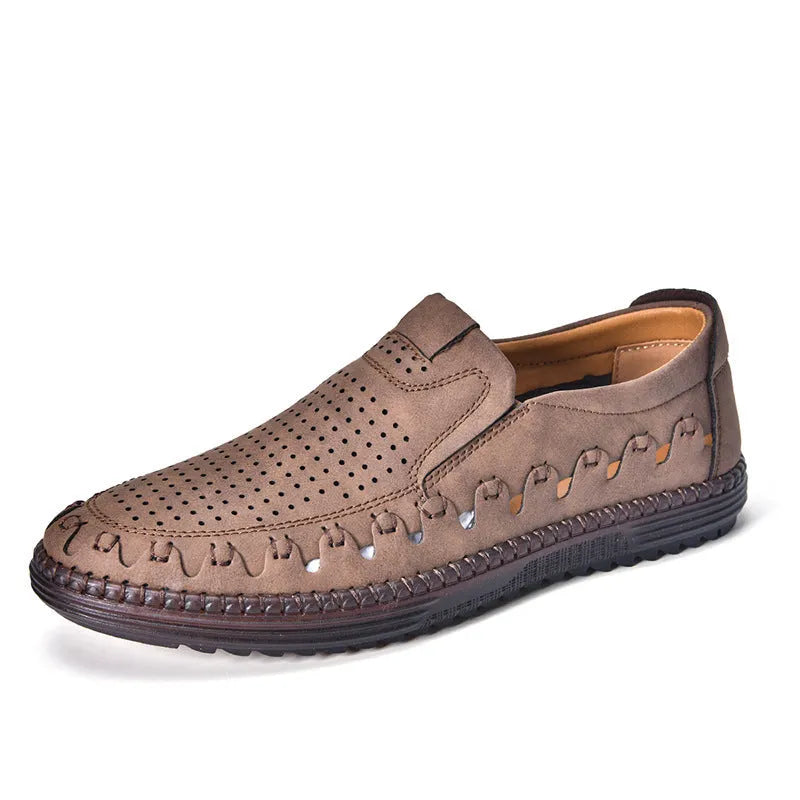 Men's brown casual slip-on shoes with round toe and flat PU leather upper.