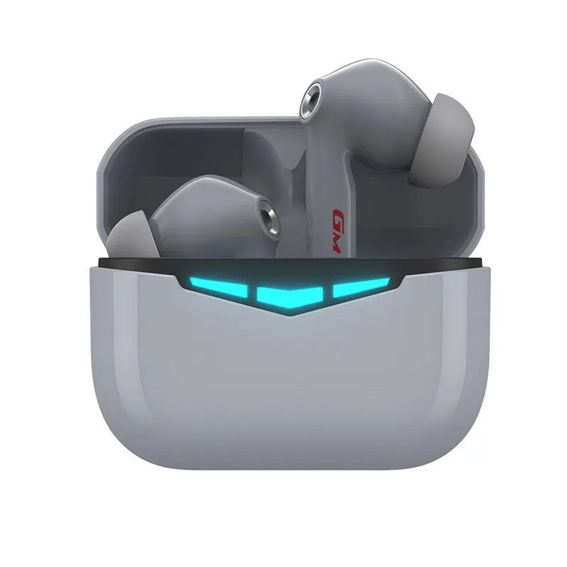 True wireless Bluetooth gaming in-ear headphones with charging case in black, pink, white, or grey.