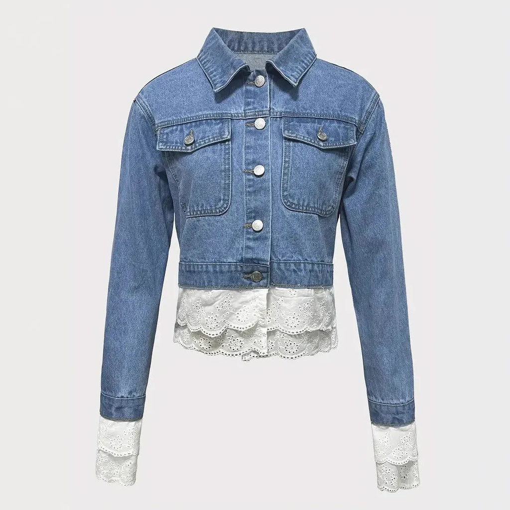 Blue lace stitching denim jacket for women with long sleeves and cotton composition