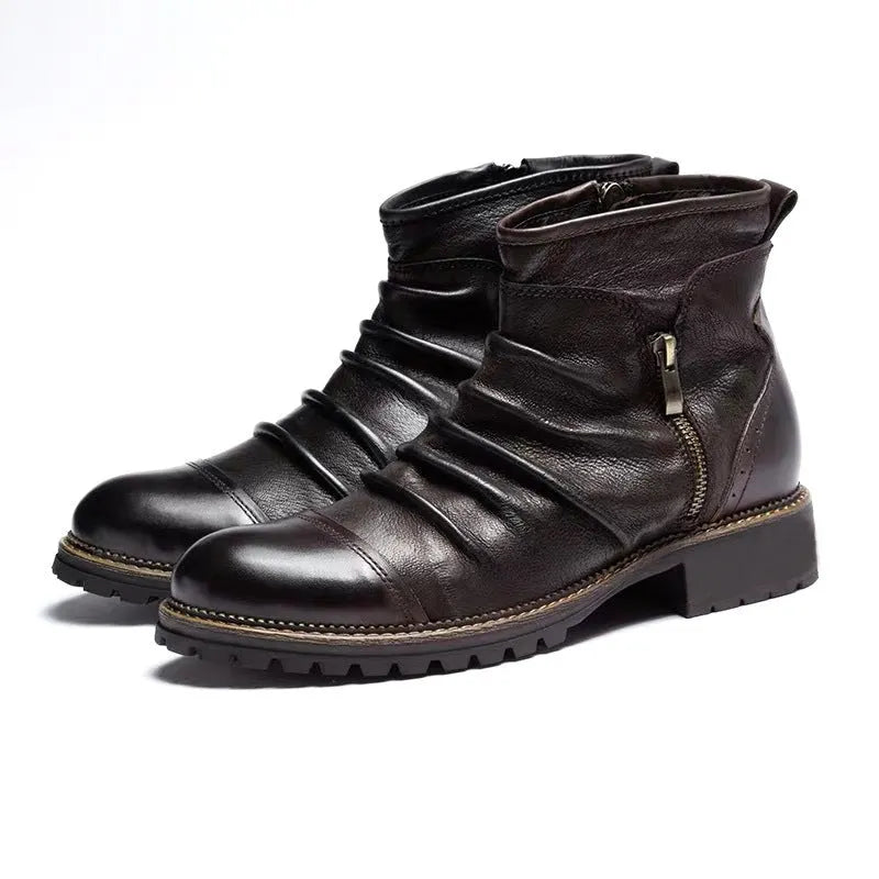 Black and brown cowboy-style Martin boots with a side zipper and round toe.
