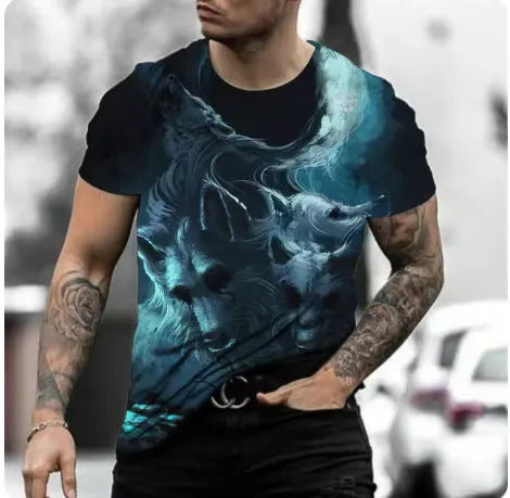 Man wearing a short-sleeved grey T-shirt with a detailed retro-style 3D animal graphic print on the front.