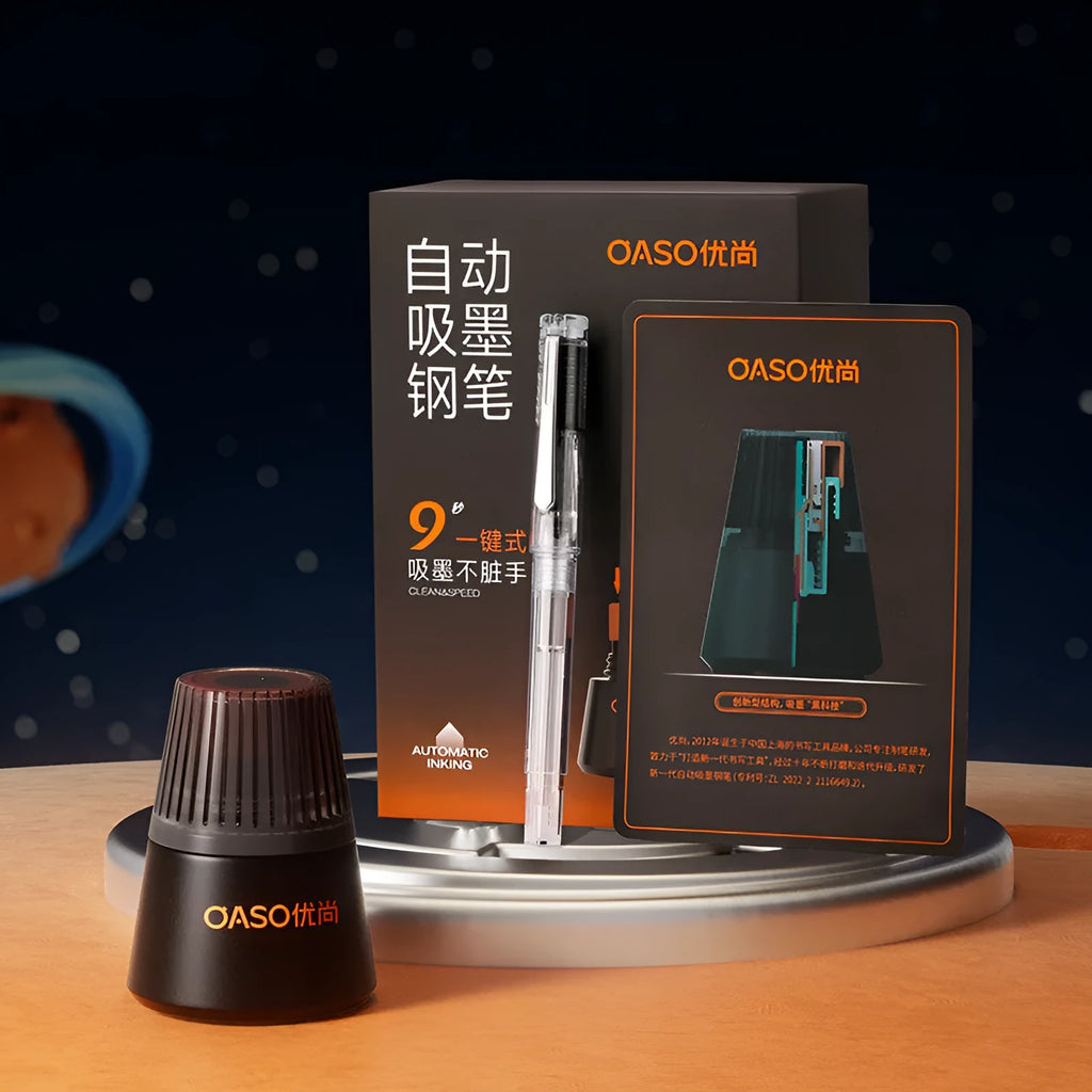 Automatic suction pen set with plastic shell, ink feeder, and choice of 0.38mm or 0.5mm nib sizes