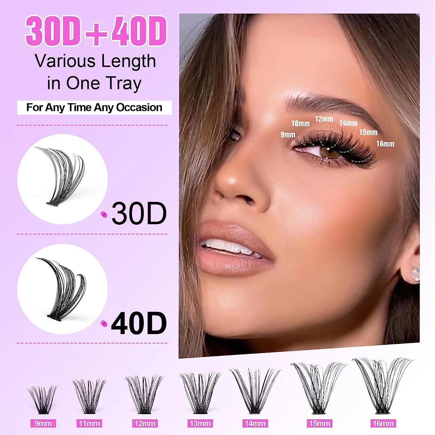 DIY mixed package of cluster false eyelashes showing 30D and 40D high-grade fibre lashes from 9mm to 16mm with tweezers.