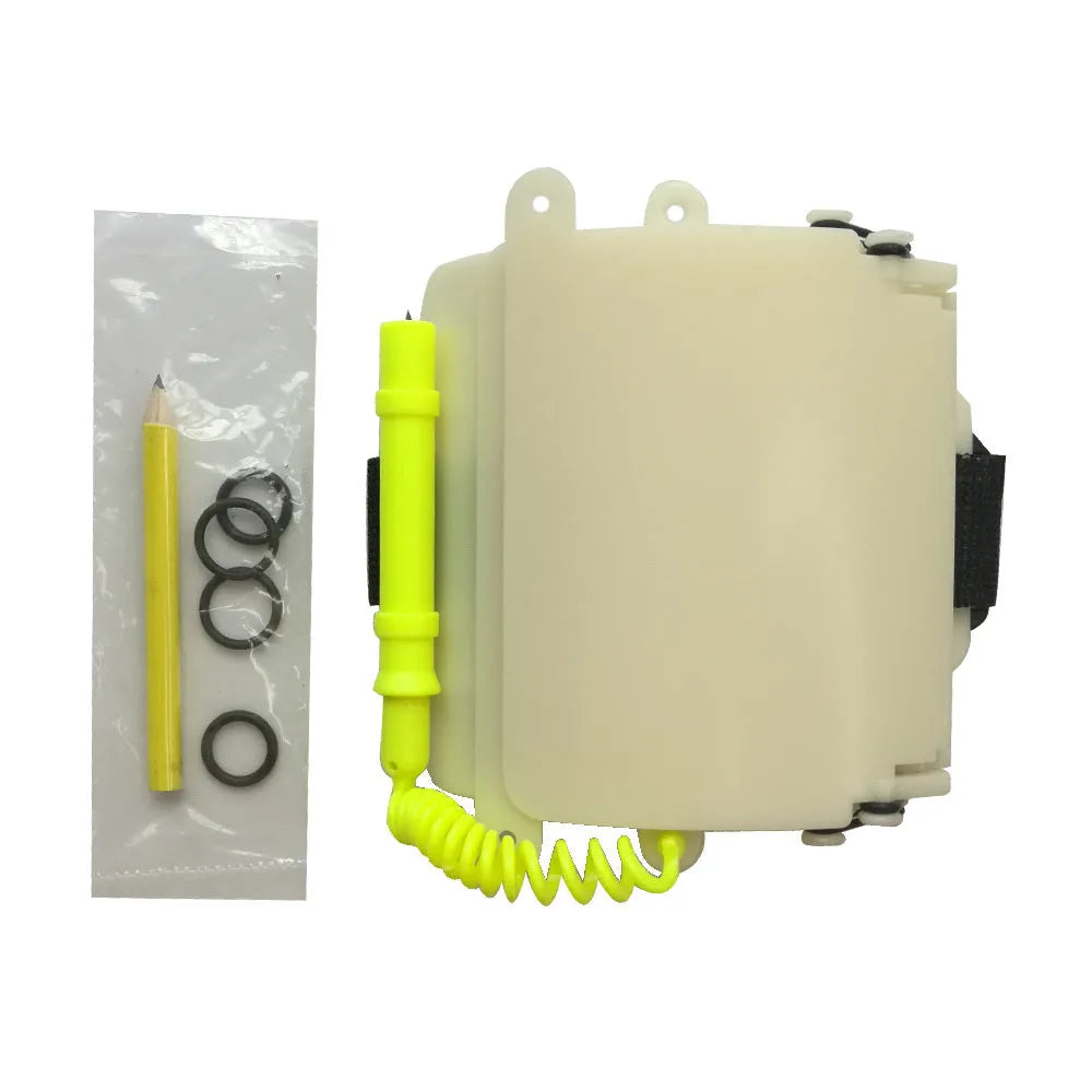 White luminous ABS diving wristboard with pencil and spare O-ring for underwater writing