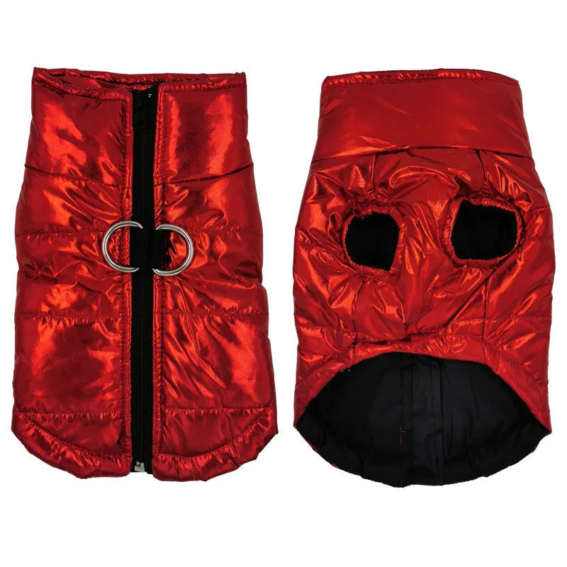 Bright blue cotton waterproof dog vest jacket on a light background, with size S to 7XL options