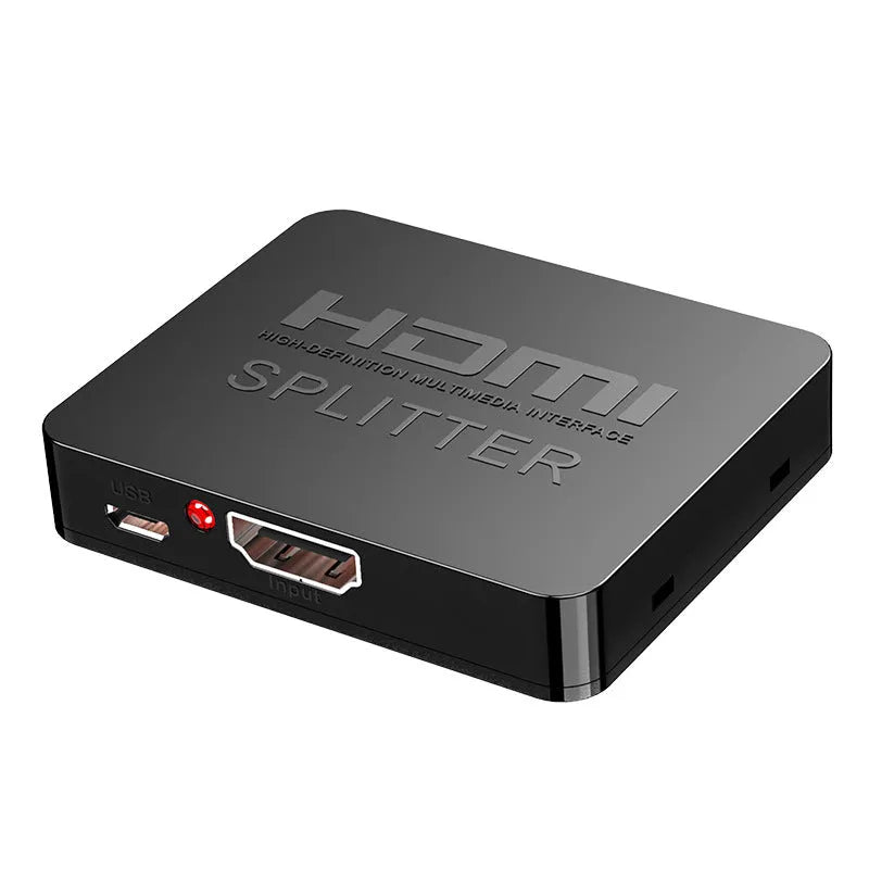 4K HDMI 1x2 splitter device with multiple power plugs including US and EU standards