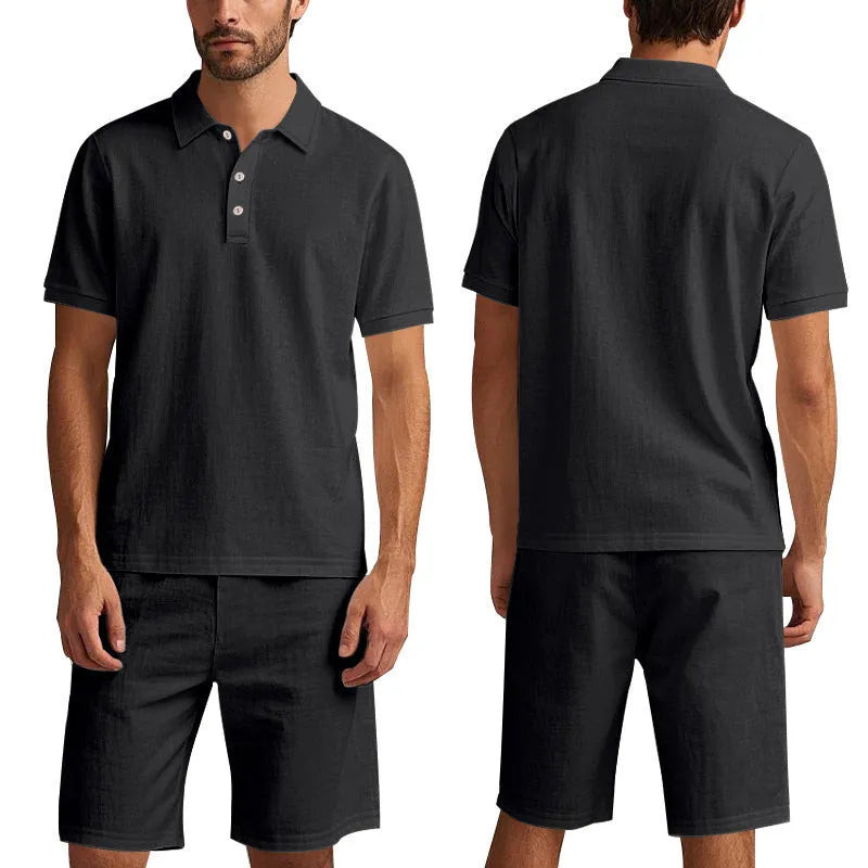 Men's light-coloured linen summer suit with short-sleeved shirt and matching shorts on hanger