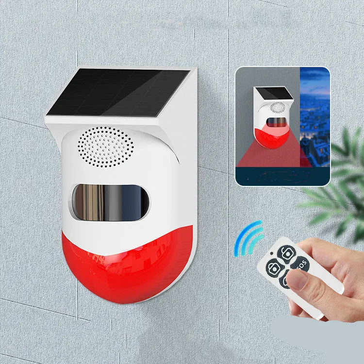 Solar-powered infrared security alarm with wall mount and remote control