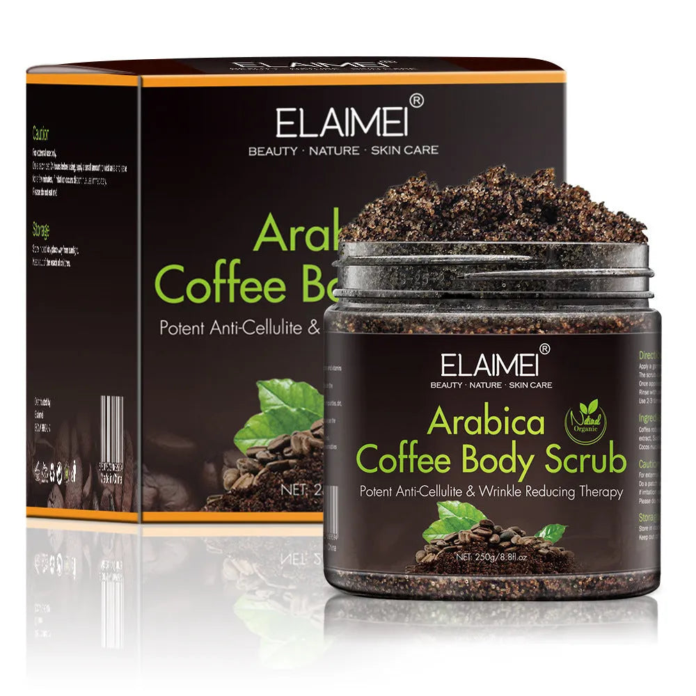 Coffee scrub exfoliating body scrub in a brown tub, 7.3 x 7.3 x 7.5 cm, with sea salt and organic coffee powder