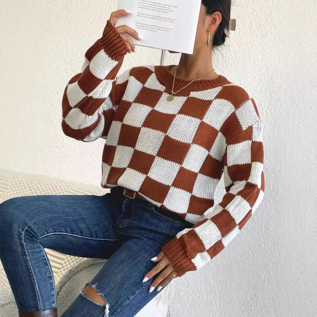 Dark brown acrylic pullover sweater with plaid chessboard pattern, loose round neck, and long sleeves