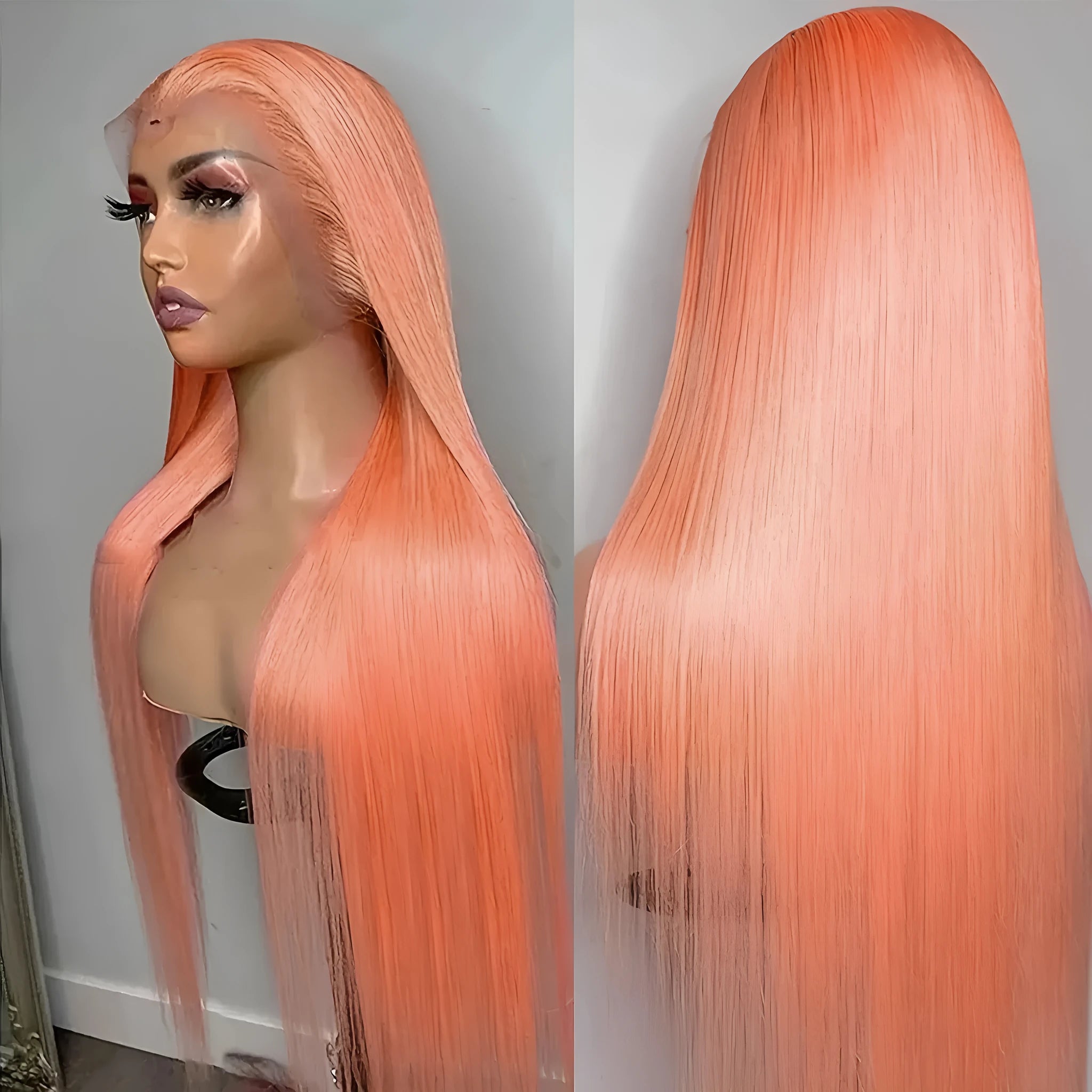 Light orange long straight front lace synthetic wig with side bangs on a model.