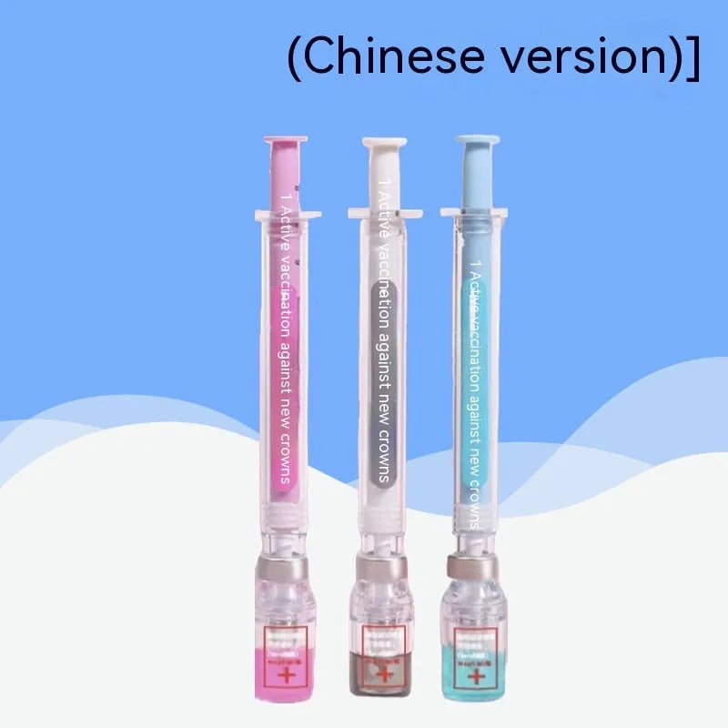 Vaccine pen design gel pen with black refill showing retractable click mechanism and 0.5mm needle tube point