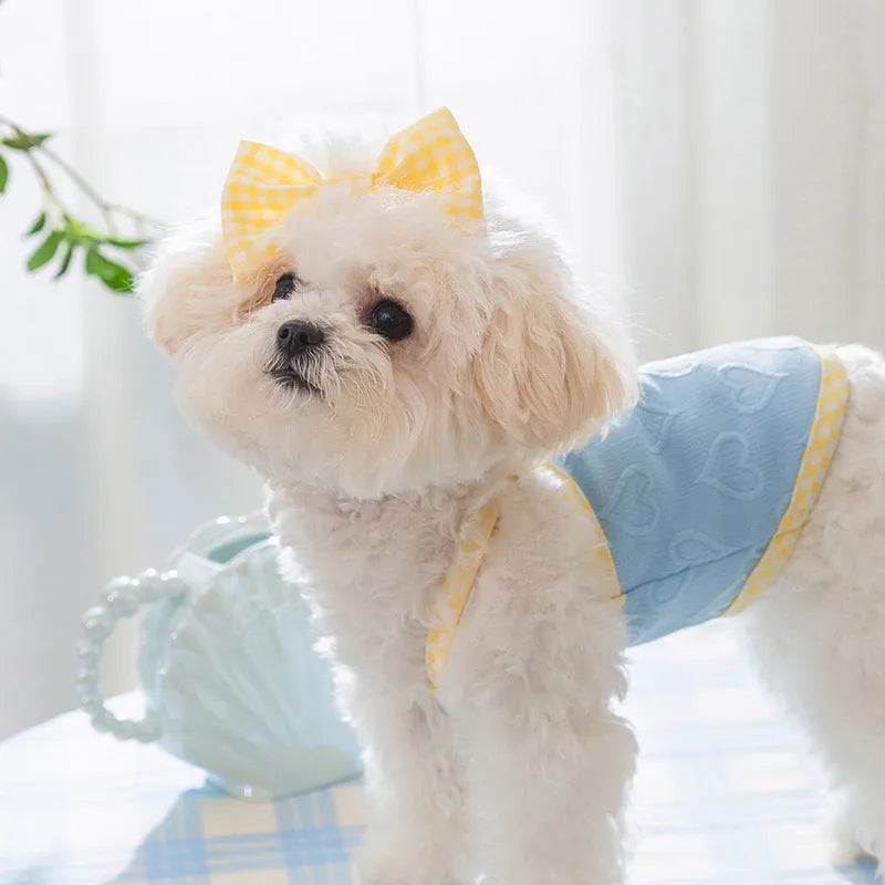 Small dog wearing heart texture vest with bow suspenders in Bondi Blue colour