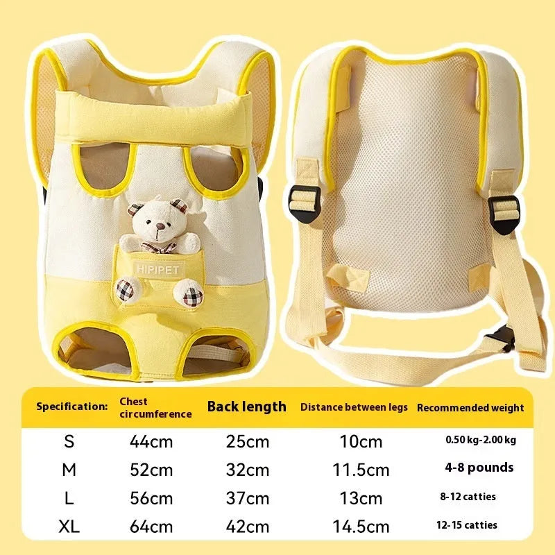 Soft canvas cat carrier bag with a yellow bear cartoon pattern and colourful stitching, shown in multiple size options.