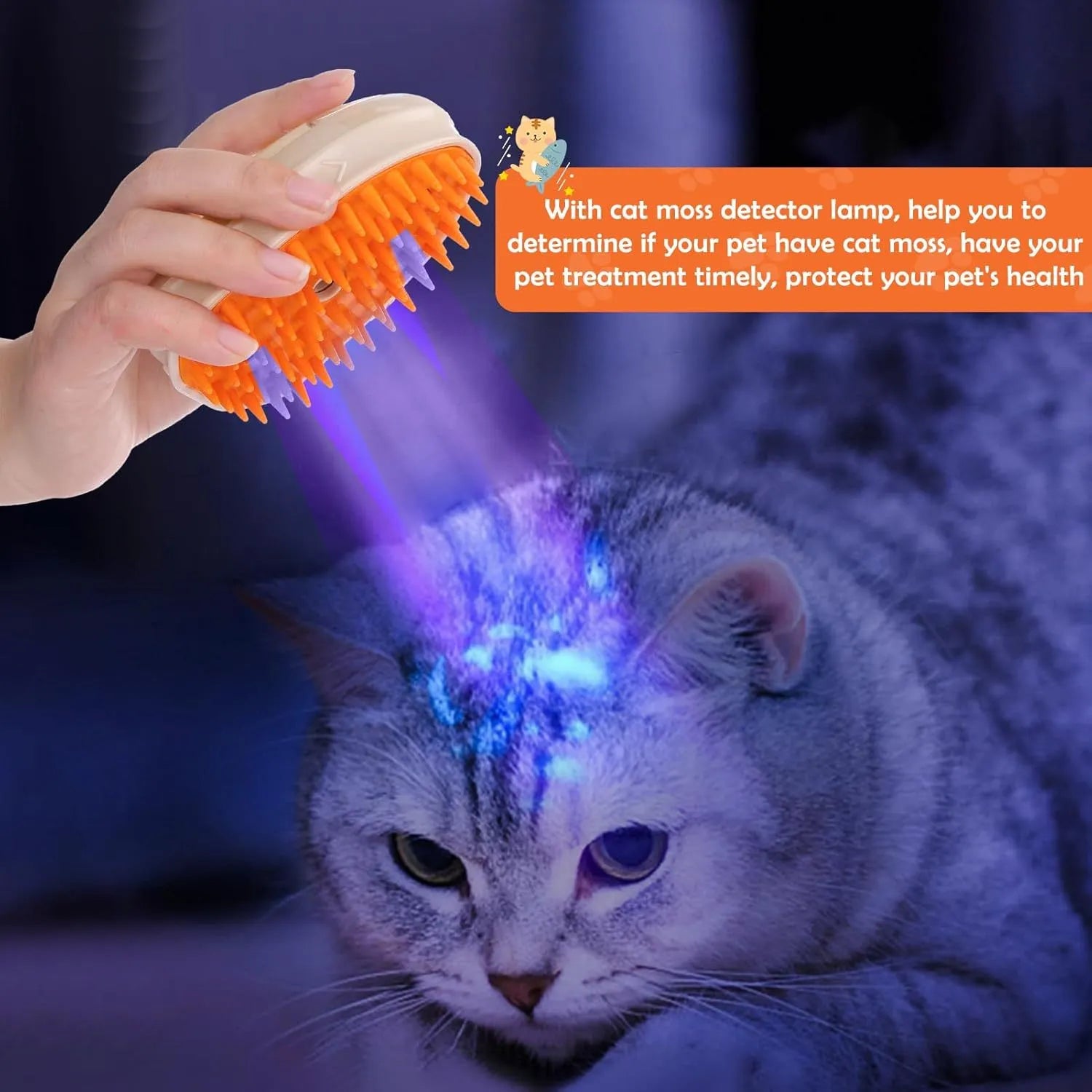 Yellow cat steam brush with 4-in-1 functions including vibration massage and ringworm detector