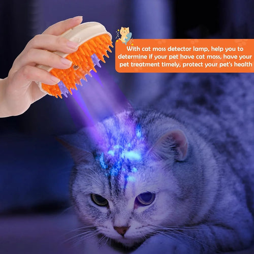 Yellow cat steam brush with 4-in-1 functions including vibration massage and ringworm detector
