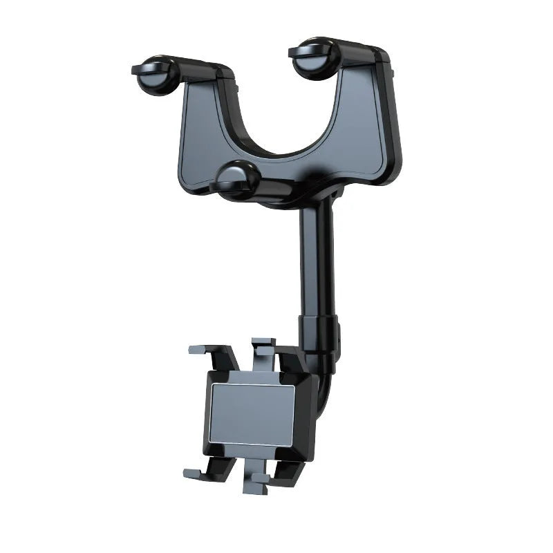 Black rearview mirror phone holder with 360-degree rotation and telescopic arm extended