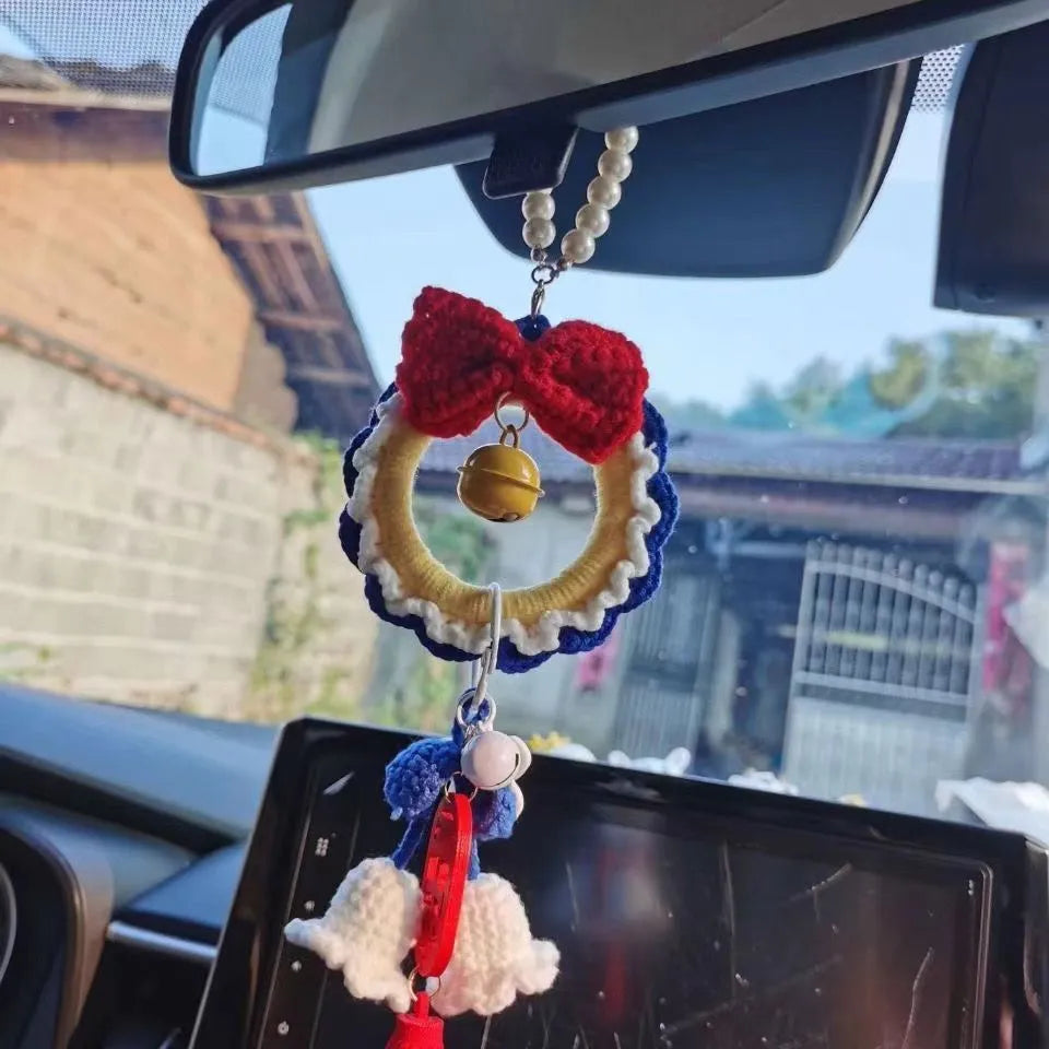 Handmade yarn weaving plush car hanging ornament in Snow White style with red wind chime option