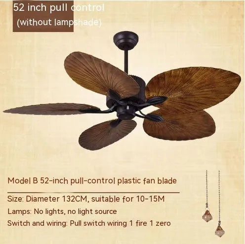 Retro-style brown and copper ceiling fan light with wooden blades and integrated lights.