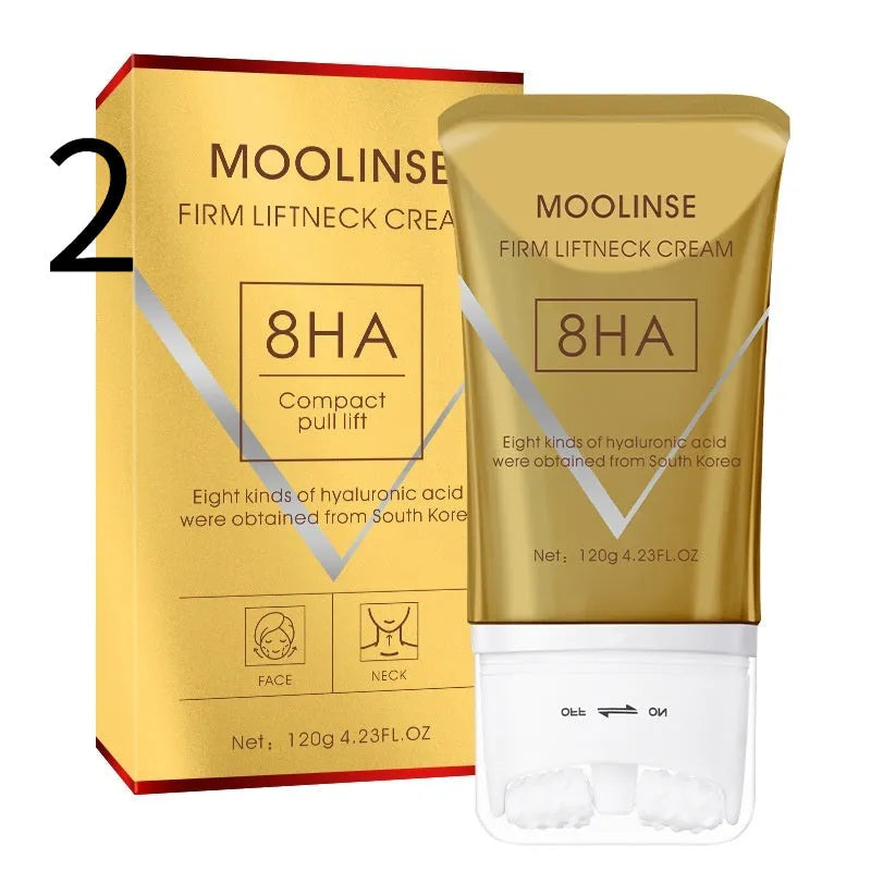 Neck moisturising cream with roller applicator for dry skin in medium sample size packaging