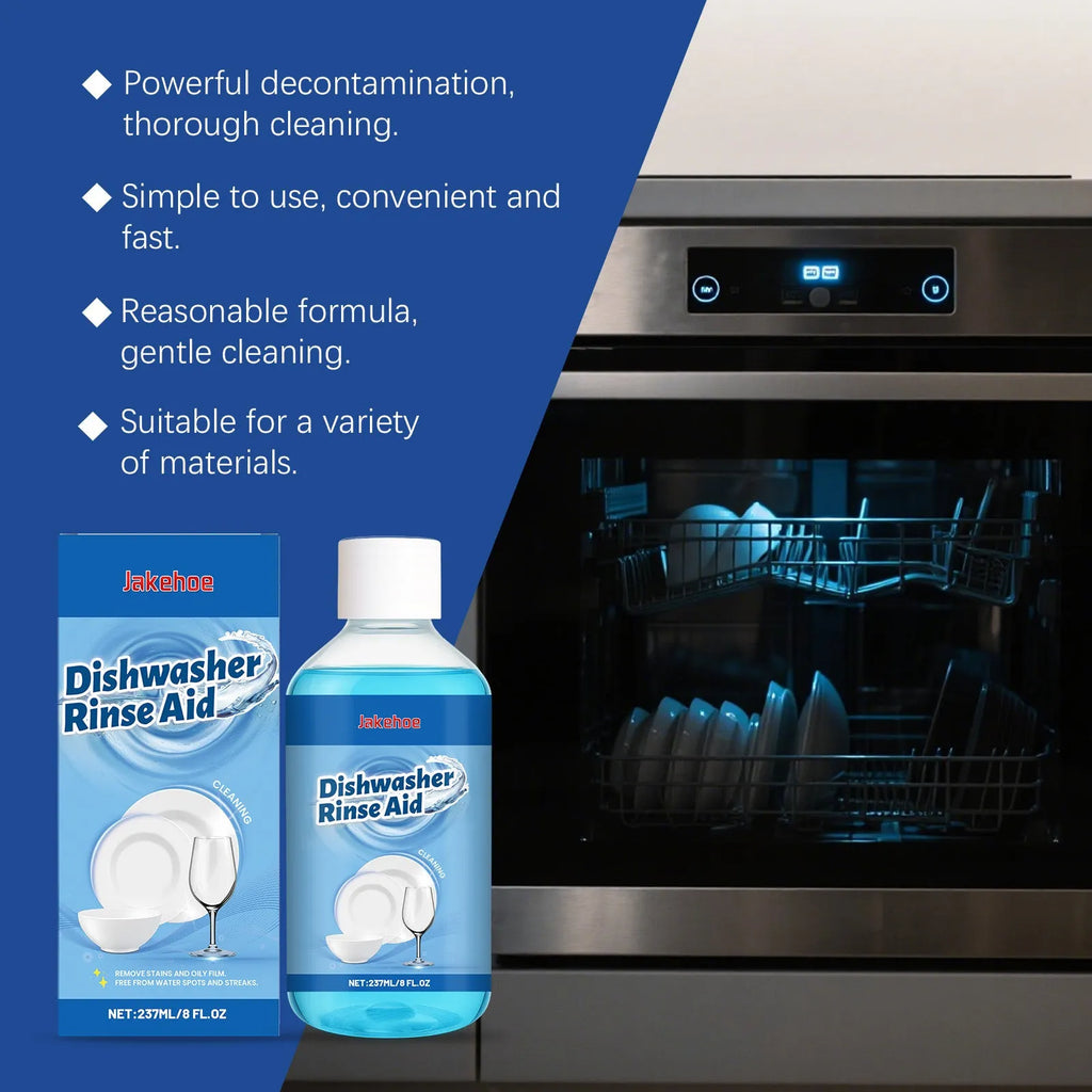 237mL bottle of concentrated dishwasher detergent for stain and oil removal on kitchenware.