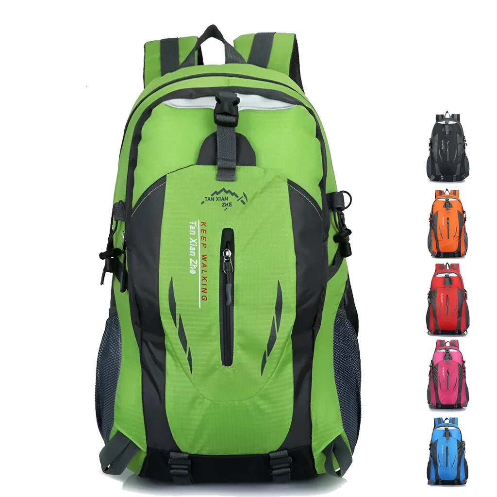 Large red Oxford cloth travel backpack with double straps, showing front compartment and buckle closure.